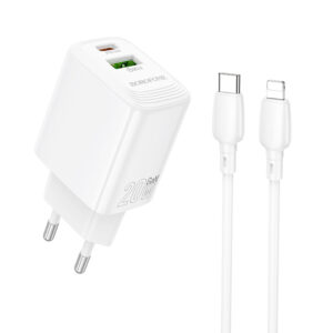 Borofone laidinis įkroviklis BN27 Fuente - USB + Type C - QC 3.0 PD 20W su Type C į Lightning kabeliu baltos spalvos