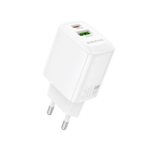 Borofone laidinis įkroviklis BN29 Fuente - USB + Type C - QC 3.0 PD 30W baltos spalvos