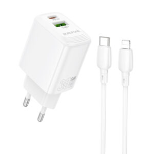 Borofone laidinis įkroviklis BN29 Fuente - USB + Type C - QC 3.0 PD 30W su Type C į Lightning kabeliu baltos spalvos