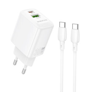 Borofone laidinis įkroviklis BN29 Fuente - USB + Type C - QC 3.0 PD 30W su Type C į Type C kabeliu baltos spalvos