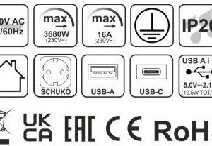 Įmontuojamas ilgintuvas Design Light, 2 vietos, USB A+C, 3 m - Image 3