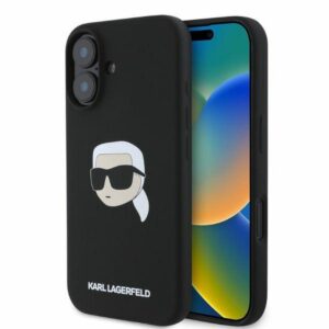 KARL LAGERFELD dėklas skirtas Apple iPhone 16 compatible with MagSafe KLHMP16SSKHPPLK (Sil KL Head Print) juodos spalvos
