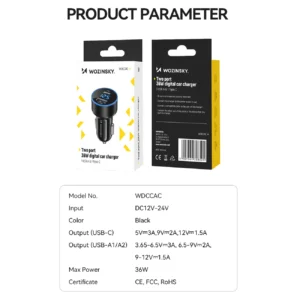 Wozinsky WDCCAC USB-C USB-A 36W automobilinis įkroviklis - juodos spalvos - Image 5