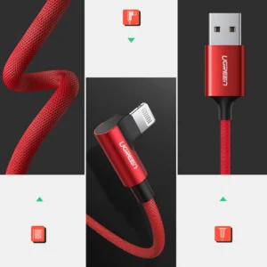 Užalios spalvos US299 60555 kampinis Lightning / USB-A MFi kabelis 2.4A 1m - raudonos spalvos - Image 9