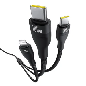 Baseus Flash Series 3 3in1 kabelis 100W USB-C - USB-C+USB-C+ Lightning 1.5m + 3 x 0.25 m - juodos spalvos - Image 5