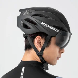 Rockbros dviratininko šalmas su Visor, Detachable UV Protective Goggles, Unisex - juodos spalvos - Image 3