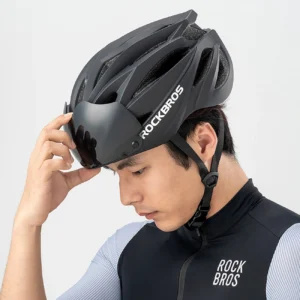 Rockbros dviratininko šalmas su Visor, Detachable UV Protective Goggles, Unisex - juodos spalvos - Image 4