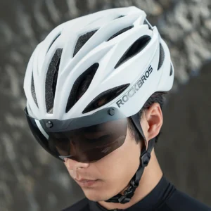 Rockbros dviratininko šalmas su Visor, Detachable UV Protective Goggles, Unisex - juodos spalvos - Image 7
