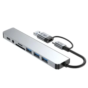 Tech-Protect HB06 HUB Adapter 8in1 TYPE-C + USB2.0 + USB3.0 + SD/TF + AV3.5 - pilkos spalvos - Image 3