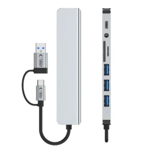 Tech-Protect HB06 HUB Adapter 8in1 TYPE-C + USB2.0 + USB3.0 + SD/TF + AV3.5 - pilkos spalvos - Image 6