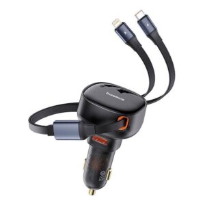 BASEUS automobilnis įkroviklis USB A + retractable kabelis 2in1 Type C / Lightning PC3.0 QC4.0 3A 60W CCTXP-UCL juodos spalvos - Image 5