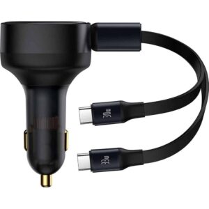 BASEUS automobilnis įkroviklis su retractable kabelis 2 x Type C 3A 33W CCTX-CC juodos spalvos