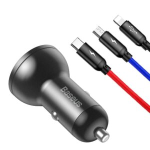 BASEUS automobilnis įkroviklis 2 x USB A su skaitmeninių ekranu + kabelis 3in1 Micro USB / Lightning / Type C 4,8A 24W TZCCBX-0G juodos spalvos
