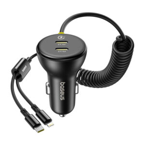 60W Baseus USB-C automobilinis įkroviklis + Lightning kabelis juodos spalvos