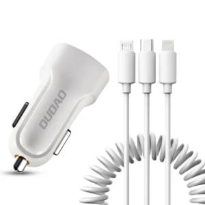 Dudao automobilinis kit įkroviklis 2x USB 2.4A + cable USB 3in1 Lightning / Type C / micro USB cable baltos spalvos (R7 baltos spalvos)