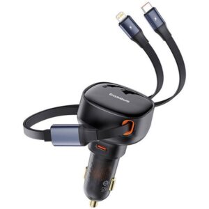 BASEUS automobilnis įkroviklis Type C + retractable kabelis 2in1 Type C / Lightning PD3.0 QC4.0 3A 60W CCTXP-CCL / C00057802111-00 juodos spalvos - Image 5