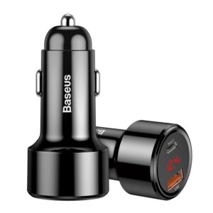 BASEUS automobilnis įkroviklis USB A + Type C su skaitmeninių ekranu PD3.0 QC4.0 3A 45W CCMLC20C-01 juodos spalvos