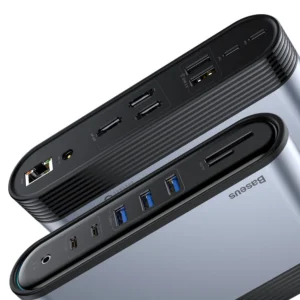 Baseus multifunctional HUB 3x USB 3.2 Gen 1 / 2x USB 2.0 / 2x USB Type C / SD and micro SD card reader / AUX / 3x HDMI / RJ45 1Gbps Power Delivery 100W (EU / CN / UK plugs) pilkos spalvos (CAHUB-DG0G) - Image 9