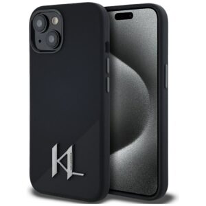 KARL LAGERFELD dėklas skirtas Apple iPhone 15 compatible with MagSafe KLHMP15SSCMKMPCK (Silicone Initial Metal Logo) juodos spalvos