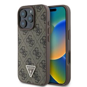 GUESS dėklas skirtas Apple iPhone 16 Pro GUHCP16LP4TDPW (PU Leather 4G Triangle Strass) rudos spalvos