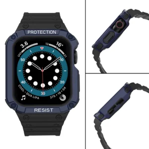 Protect apyrankė Wristband with Case for Apple Watch 9 / 8 / 7 / 6 / 5 / 4 / 3 / 2 / SE / SE2 (41 / 40 / 38mm) Case Armored Cover for Watch juodos spalvos / Blue - Image 4