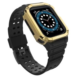 Protect apyrankė Wristband with Case for Apple Watch 9 / 8 / 7 / 6 / 5 / 4 / 3 / 2 / SE / SE2 (41 / 40 / 38mm) Case Armored Cover for Watch juodos spalvos / Gold