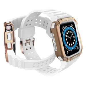 Protect apyrankė Wristband with Case for Apple Watch 9 / 8 / 7 / 6 / 5 / 4 / 3 / 2 / SE / SE2 (41 / 40 / 38mm) Case Armored Cover for Watch baltos spalvos / Rose Gold - Image 3