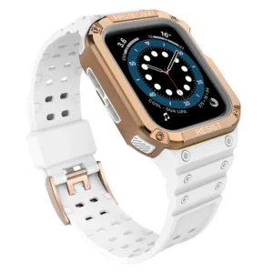 Protect apyrankė Wristband with Case for Apple Watch 9 / 8 / 7 / 6 / 5 / 4 / 3 / 2 / SE / SE2 (41 / 40 / 38mm) Case Armored Cover for Watch baltos spalvos / Rose Gold