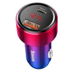 BASEUS automobilnis įkroviklis USB A + Type C su skaitmeninių ekranu PD3.0 QC4.0 3A 45W CCMLC20C-09 raudonos spalvos - Image 3
