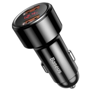 BASEUS automobilnis įkroviklis 2 x USB A su skaitmeninių ekranu PD QC4.0 5A 45W CCMLC20A-01/BS-C20A juodos spalvos