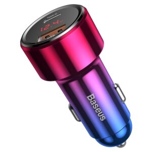 BASEUS automobilnis įkroviklis USB A + Type C su skaitmeninių ekranu PD3.0 QC4.0 3A 45W CCMLC20C-09 raudonos spalvos