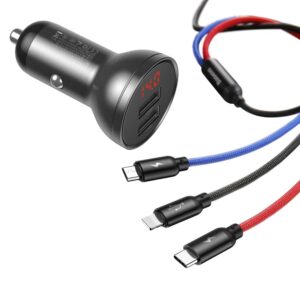 BASEUS automobilnis įkroviklis 2 x USB A su skaitmeninių ekranu + kabelis 3in1 Micro USB / Lightning / Type C 4,8A 24W TZCCBX-0G juodos spalvos - Image 3