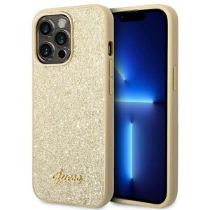 GUESS dėklas skirtas Apple iPhone 14 Pro GUHCP14LHGGSHD (Glitter Flakes Script Metal Logo) aukso spalvos - Image 1