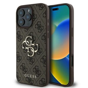 GUESS dėklas skirtas Apple iPhone 16 Pro GUHCP16L4GMGBR (4G PU Big Logo) rudos spalvos