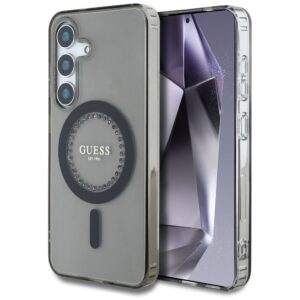 GUESS dėklas skirtas Samsung Galaxy S25 GUHMS25SPFTDTEK (Magnetic IML Rhinestones) juodos spalvos