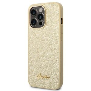 GUESS dėklas skirtas Apple iPhone 14 Pro GUHCP14LHGGSHD (Glitter Flakes Script Metal Logo) aukso spalvos - Image 2
