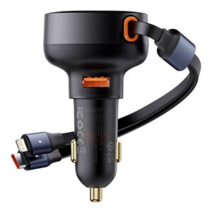 BASEUS automobilnis įkroviklis USB A + retractable kabelis 2in1 Type C / Lightning PC3.0 QC4.0 3A 60W CCTXP-UCL juodos spalvos