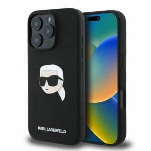 KARL LAGERFELD dėklas skirtas Apple iPhone 16 Pro Max compatible with MagSafe KLHMP16XSKHPPLK (Sil KL Head Print) juodos spalvos