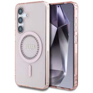 GUESS dėklas skirtas Samsung Galaxy S25 GUHMS25SPFTDTEP (Magnetic IML Rhinestones) rožinės spalvos