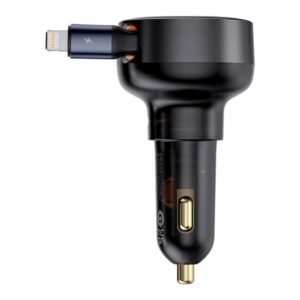 BASEUS automobilnis įkroviklis Type C + retractable kabelis Lightning PD3.0 QC4.0 3A 55W CCTXP-CC / C00057803111-00 juodos spalvos