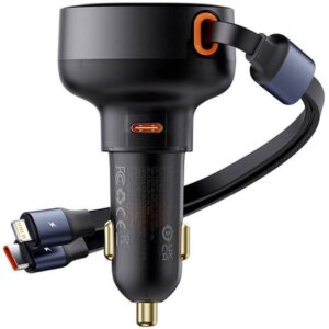 BASEUS automobilnis įkroviklis Type C + retractable kabelis 2in1 Type C / Lightning PD3.0 QC4.0 3A 60W CCTXP-CCL / C00057802111-00 juodos spalvos