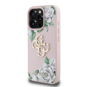 Guess PU Grained Roses 4G Metal Logo dėklas skirtas Apple iPhone 16 Pro rožinės saplvos - Image 1