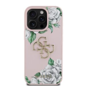 Guess PU Grained Roses 4G Metal Logo dėklas skirtas Apple iPhone 16 Pro rožinės saplvos - Image 2