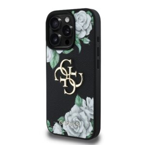 Guess PU Grained Roses 4G Metal Logo dėklas skirtas Apple iPhone 16 Pro juodos spalvos - Image 1