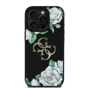 Guess PU Grained Roses 4G Metal Logo dėklas skirtas Apple iPhone 16 Pro juodos spalvos - Image 2