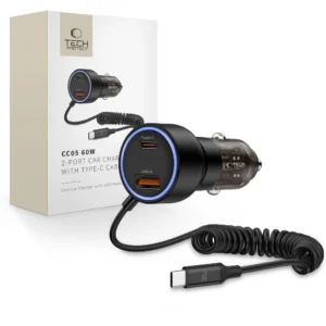 CC05 Car Charger 2-Port PD60 W + USB-C kabelis - juodos spalvos
