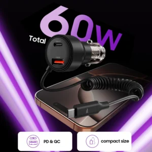 CC05 Car Charger 2-Port PD60 W + USB-C kabelis - juodos spalvos - Image 4