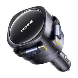 Baseus Enjoyment Max automobilinis įkroviklis with USB-C+USB-C cables 60W juodos spalvos - Image 4