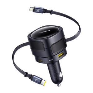 Baseus Enjoyment Max automobilinis įkroviklis with USB-C+Lightning cables and USB-A+USB-C ports 90W juodos spalvos
