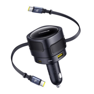 Baseus Enjoyment Max automobilinis įkroviklis with USB-C+USB-C cables and USB-A+USB-C ports 90W juodos spalvos